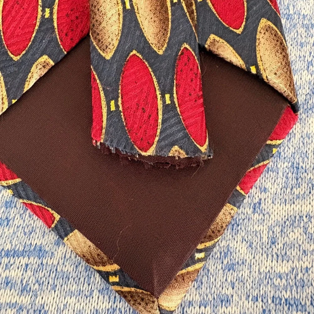 Palatina Mens Silk Tie Red Gold Navy Blue Geometric Oval Pattern Vintage Style